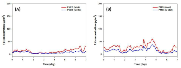 반응기 내 식물(아이비) 양 증가에 따른 미세먼지(PM2.5) 제거 효과 확인 ((A):식물 추가 전, (B): 식물 50% 추가 후)