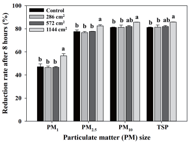 면적에 따른 들덩굴초롱이끼의 8시간 후 미세먼지 제거율 (Different letters indicate a significant difference using Duncan’s multiple range test at P < 0.05.)