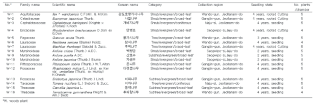 실내 저광도 생육 우수종의 미세먼지 제거능 탐색에 사용된 식물재료 정보 (1차년도 선발종 - 목본식물)