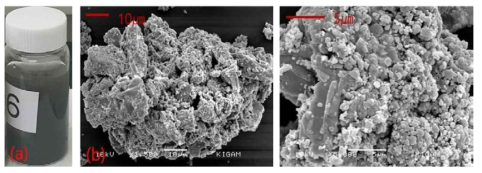 (a)NaBH4 환원제를 넣은 직후의 샘플 사진 (b)건조 후 측정한 입자의 SEM 사진