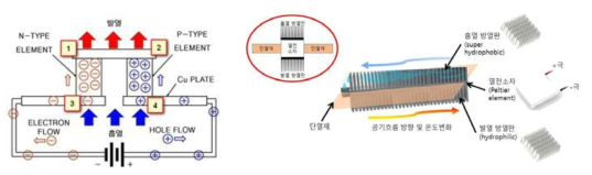 열전소자의 구조 및 수분응축 기작 개요도