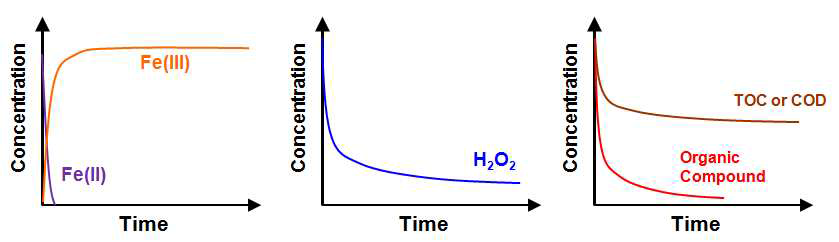 Batch식 펜톤공정에서의 철 이온, 과산화수소, 유기물 농도 변화