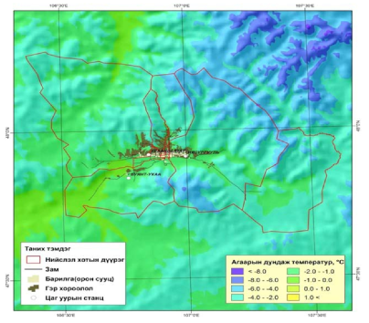 울란바토르 주변의 연평균 기온의 공간 분포 (Munkhbat, Natsagdorj, UAUI 2014)