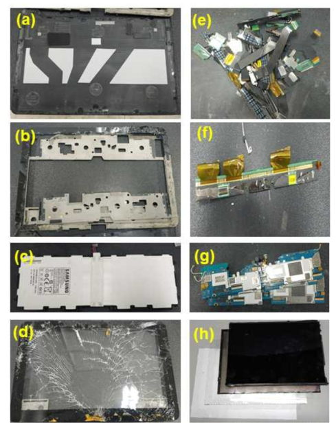 S사 태플릿 PC 분해 및 내부 부품 사진 (a) 후면 케이스, (b) 내부 프레임, (c)배터리, (d)외부 보호 유리, (e) 내부 전선, (f) PCB A, (g) PCB B, (h) 필름 및 터치패널