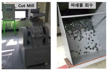 폐 유리 파쇄 장치(Cut Mill) 및 파쇄물 회수 사진