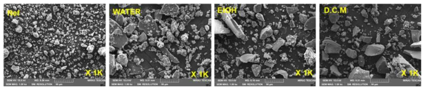 단일용매 조건(물, 에탄올, 디클로로메탄)에 따른 폐 터치패널 유리의 SEM 사진