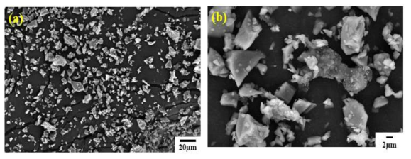 Ball Milling법을 이용한 폐 디스플레이 폐유리의 (a)1000 배율 (b)5000 배율 SEM 사진