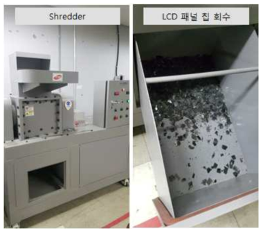 폐 LCD 패널 분쇄 장치(Shredder)와 LCD 패널 칩 회수 사진