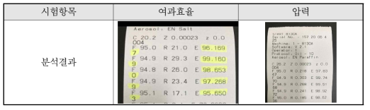 필터 성능 시험 결과 사진