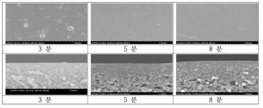PVA의 코팅 시간에 따른 막의 표면(위)과 단면(아래)