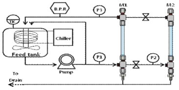 Schematic process diagram to measure the permeate flux and rejection for the prepared hollow fiber nanafiltration composite membranes(BPR; back pressure regulator, P1, P2, P3; pressure gauge)