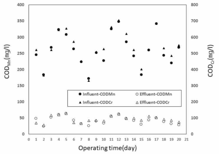 제지산업 폐수의 침지식 분리막 MBR 적용 시, COD 처리 결과