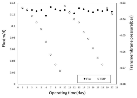 매립장 침출수의 침지식 분리막 MBR 적용 시, 투과유속 및 차압 측정결과