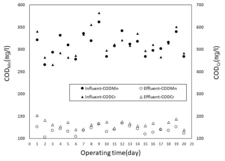 매립장 침출수의 침지식 분리막 MBR 적용 시, COD 처리 결과