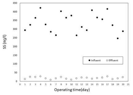 음폐수의 침지식 분리막 MBR 적용 시, SS 처리 결과