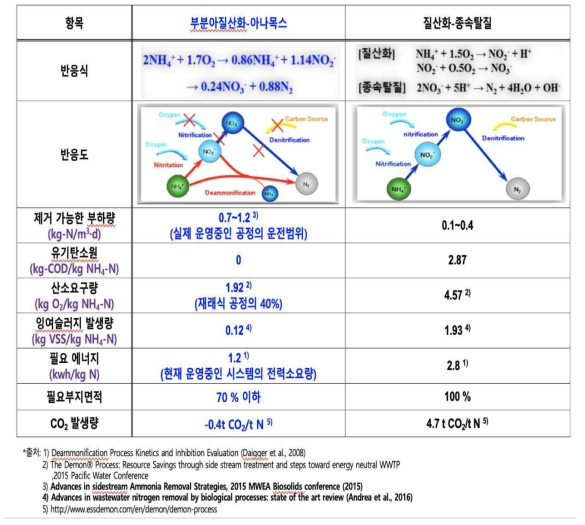 질산화/탈질화 & 부분아질산화/아나목스 공정 질소처리 효율 및 특징