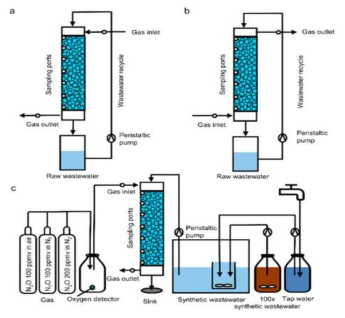실제하수를 이용한 바이오필터에 N2O 포함 가스를 하수와 (a) 동일한 방향과 (b) 반대 방향으로 한 실험, (c) 인공하수를 이용한 바이오필터 실험