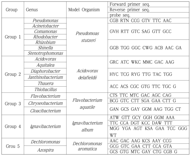 nosZ 유전체를 가지는 미생물의 단백질 서열 Phylogenetic affiliation에 따라 분류된 Group과 각 Group에서의 Model Organism. 각 Group에 속한 미생물의 nosZ 유전체를 타겟하는 프라이머 및 프로브 set