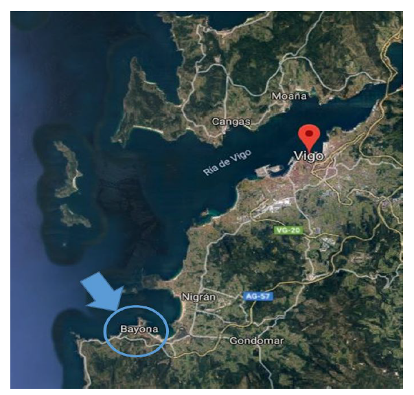 Location of the WWTP of Bayona in the entrance of the bay of Vigo