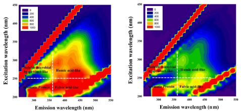 DAF 공정 처리 전(좌), 후(우) 형광 분광광도계(FEEM) 분석 결과