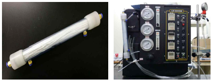 제조된 1인치 중공사 분리막 모듈 및 성능평가 장치