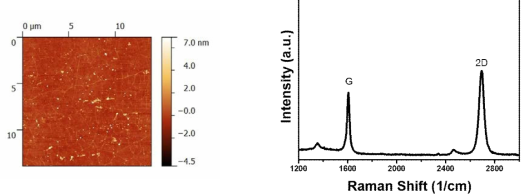 CVD 방법으로 증착된 그래핀을 SiO2 기판위에 전사한 후 얻은 AFM image(좌)와 Raman spectrum(우)