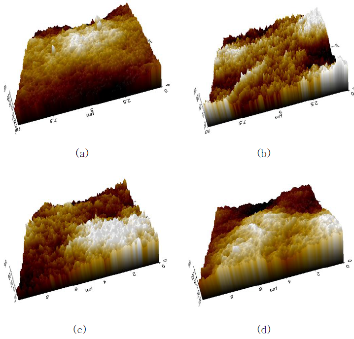 NaOCl 노출강도에 따른 AFM 이미지 : (a) virgin, (b) 9 g·hr/L, (c) 495 g·hr/L, (d) 1,647 g·hr/L