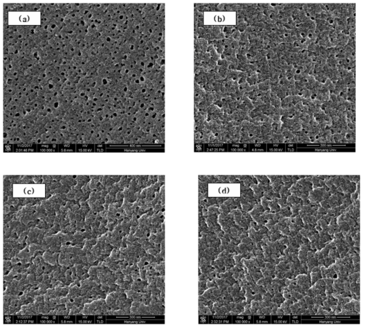 NaOCl 노출강도에 따른 SEM 이미지 (x100,000) : (a) Virgin membrane, (b) 9 g·hr/L, (c) 63 g·hr/L, (d) 495 g·hr/L