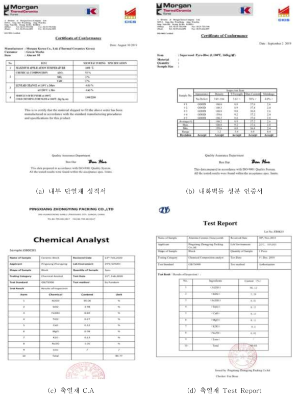 촉매 반응기 내부 자재 DATA SHEET 및 성적서