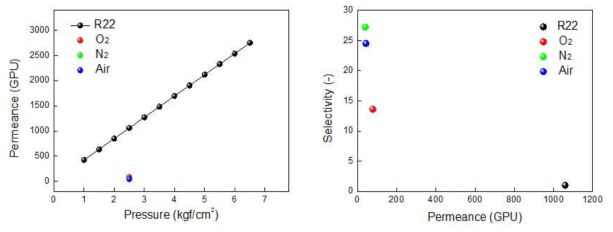 KM49 모듈에 대한 단일(R-22, O2, N2) 및 혼합(air) 가스의 투과/선택 특성