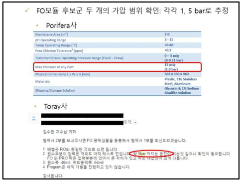 Porifera사와 Toray사 모듈의 가압 가능 범위