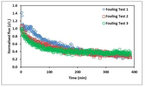 시간에 따른 Normalised flux 변화, 각 batch실험조건- 유입수: humic acid, alginate, and CaCl2 를 염수에 녹여 준비, 유도용액: NaCl 35g/L, 유입유량: 70 L/min, 유도용액유량: 10 L/min