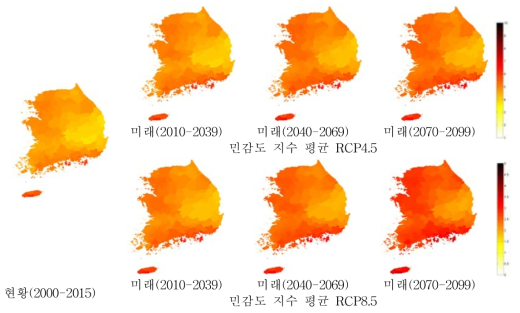 미래의 민감도 지수 평균(RCP4.5, RCP8.5)