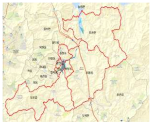 거대홍수로 인해 침수된 경안천 유역의 행정구역도