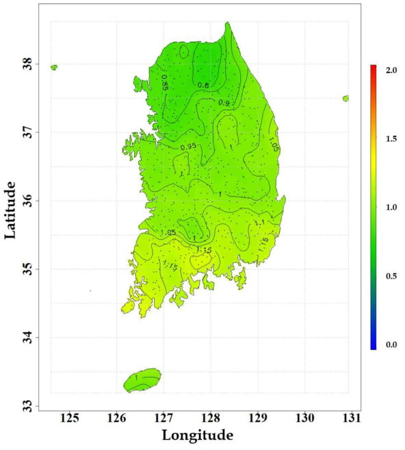 RCP 4.5 시나리오 S1 기간 100년 빈도 확률강우량 변화 전망