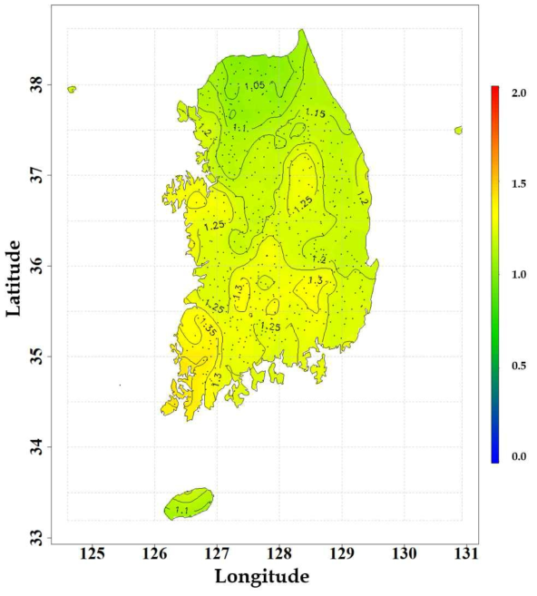 RCP 4.5 시나리오 S3 기간 100년 빈도 확률강우량 변화 전망