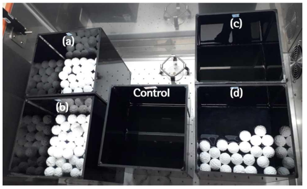 실험실 규모의 광촉매볼과 보릿짚을 활용한 조류제어 실험 진행 사진