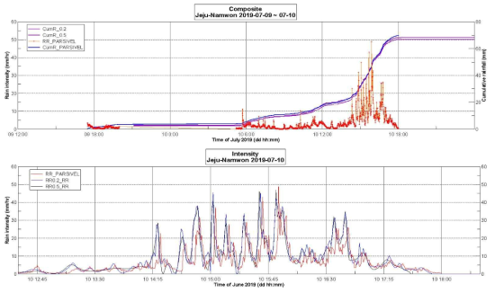 라.(4)-28. 제주 남원에서의 2019년 7월 10일 관측 결과(우량계와 PARSIVEL의 설정 등의 이유로 시차가 약간 있다.)