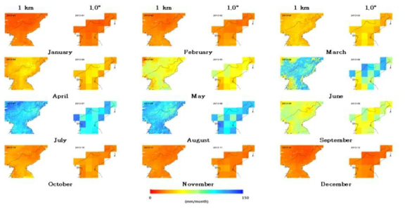MODIS 증발산량 및 upscaled 증발산량 공간분포 예시 (2013년)
