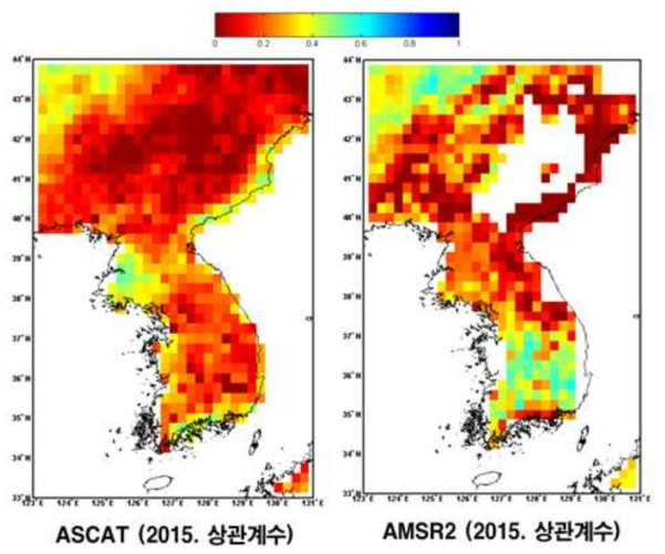 2015년 3월~10월까지 GlDAS 모델 기준자료와 ASCAT, AMSR2 토양수분 자료와의 상관관계 공간분포