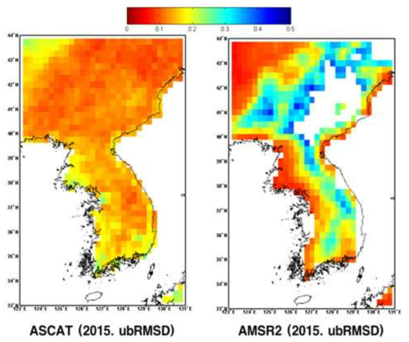 2015년 3월~10월까지 GlDAS 모델 기준자료와 ASCAT, AMSR2 토양수분 자료와의 ubRMSD 공간분포