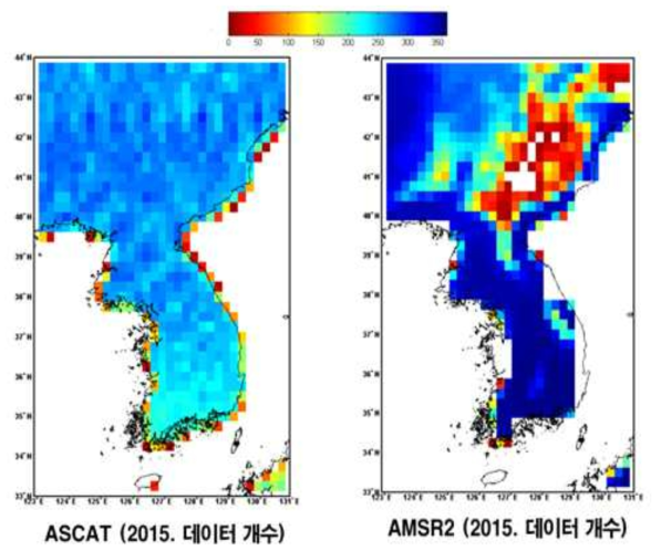 2015년 전체 기간 동안 표출되는 ASCAT과 AMSR2 토양수분 데이터 개수의 공간분포