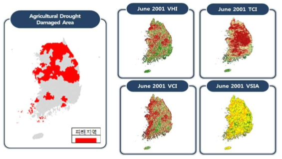 농업적 가뭄 피해 지역과 산정된 가뭄지수 비교
