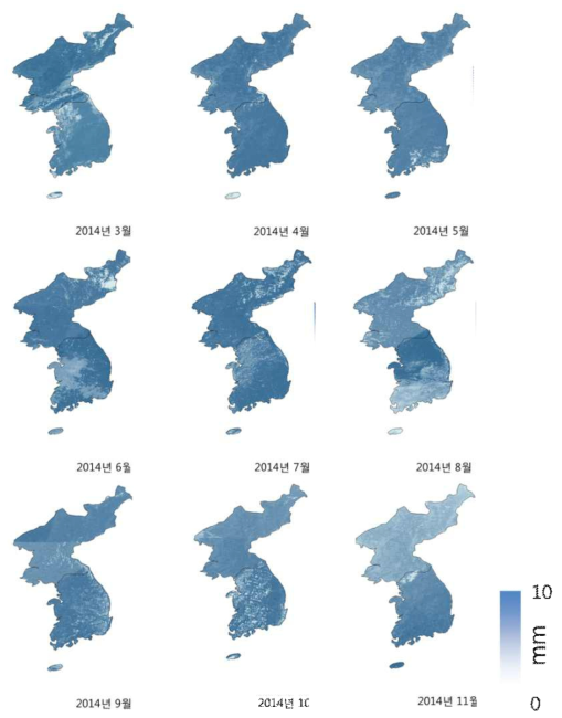 남한 및 북한 유역 월평균 증발산 분포(2014년)