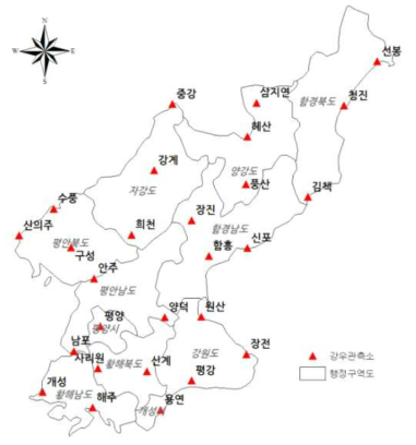 북한의 강우관측소 현황도