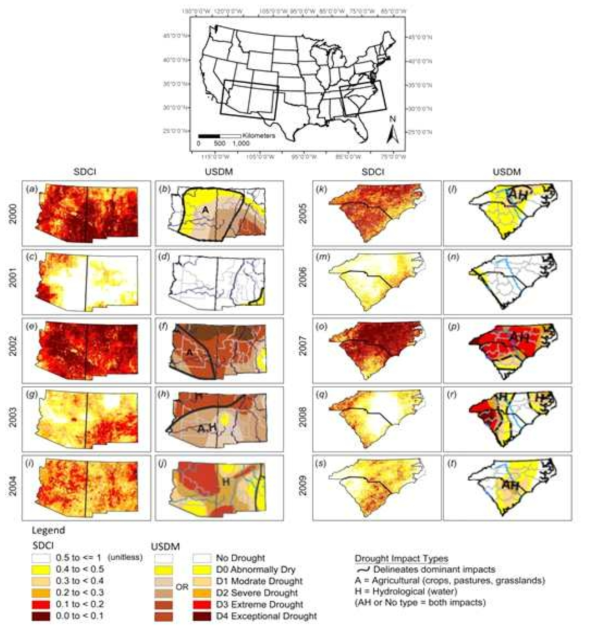 SDCI를 이용한 가뭄 감시 사례 연구 (출처: Rhee et al., 2015; recited in Rhee et al., 2010)