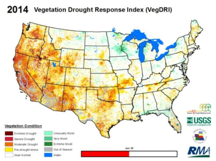 2014년 6월 30일 VegDRI로 본 미국의 가뭄 상태(출처: http://sucho.unl.edu)