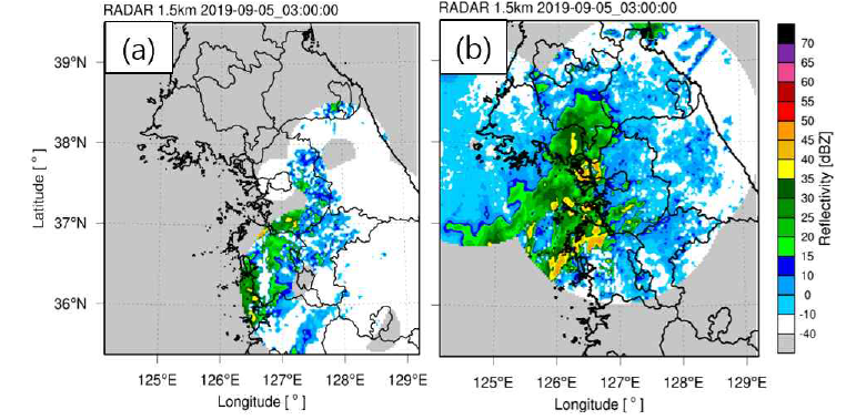 (a) WHAP DA default, (b) KNU에서 생성한 2019.09.05.0300UTC 2 km 상공 레이더 합성장 CAPPI 영상