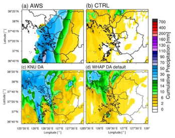 2019.08.11.1200UTC~2019.08.11.2100UTC에 관측된 (a)AWS 누적강수량 및 (b) CTRL(자료동화를 수행하지 않은 실험), (c) KNUDA와 (d) WHAP DA default에서 모의된 누적 강수량 분포