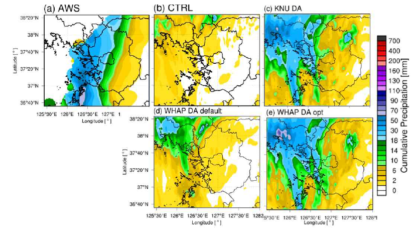 CASE_20190811의 (a) AWS, (b) CTRL, (c) KNU DA, (d) WHAP DA default, (e) WHAP DA opt 의 9시간 누적 강수량 분포